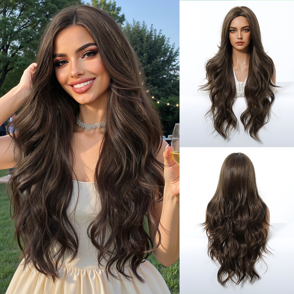 Unisex Brown (Dark ) Women's Middle Parting, Gradient Long Curly Hair, Big Wave Full Wig Wig