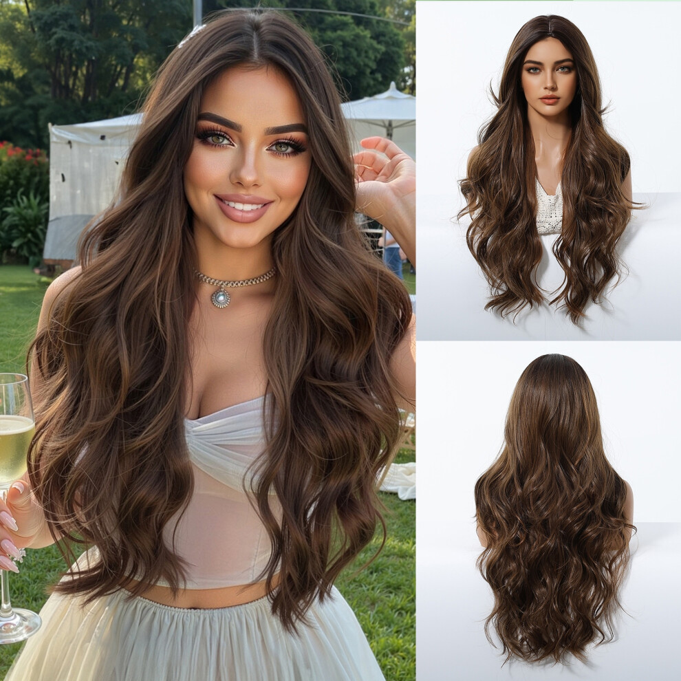 Unisex Brown (Gradient ) Women's Middle Parting, Gradient Long Curly Hair, Big Wave Full Wig Wig
