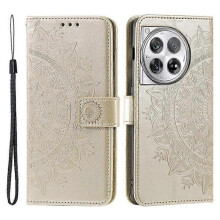 (Gold) Compatible For OnePlus 12 5G Magnetic Phone Case Mandala Flower Imprinted PU Leather+TPU Cover