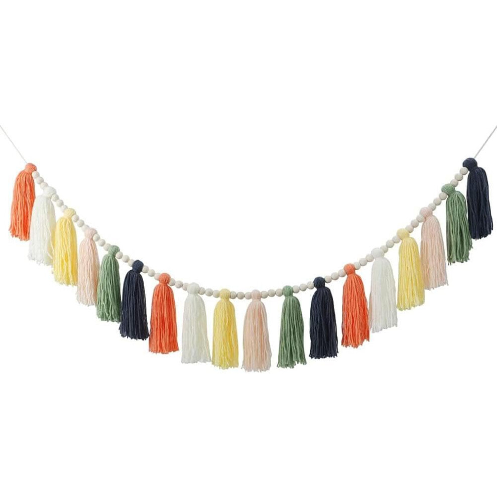 Boho Tassel Garland with Wooden Beads for Nursery Classroom Office Birthday Party Baby Shower Decoration Colorful