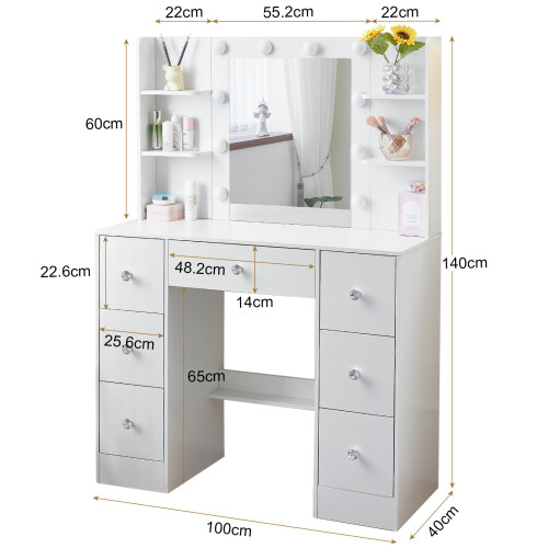 7 Drawers Vanity Makeup Desk Table Set Sliding LED Lights Mirror UK 1
