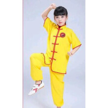 (Yellow, 110) Chinese Kung Fu Wushu Martial Arts Uniform Tai Chi Short Sleeve Clothing Kids