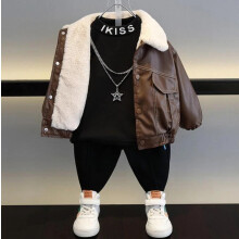 (coffee, 120cm/ 5-6Year) Boys kids 2-10Y PU Leather Zip thick lapel Jacket fleece Casual Warm coat school