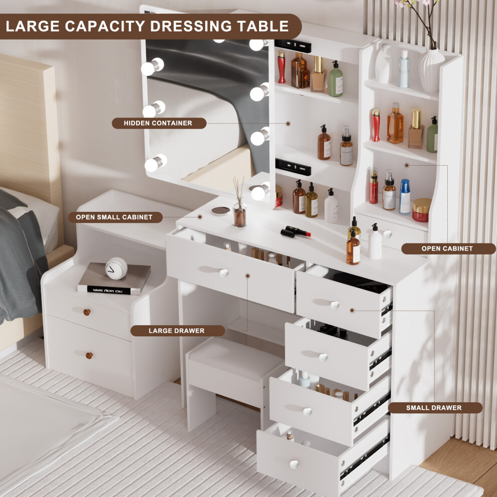 6 Drawers & 10LED Lights Mirror Vanity Desk Set and Stool Uk White