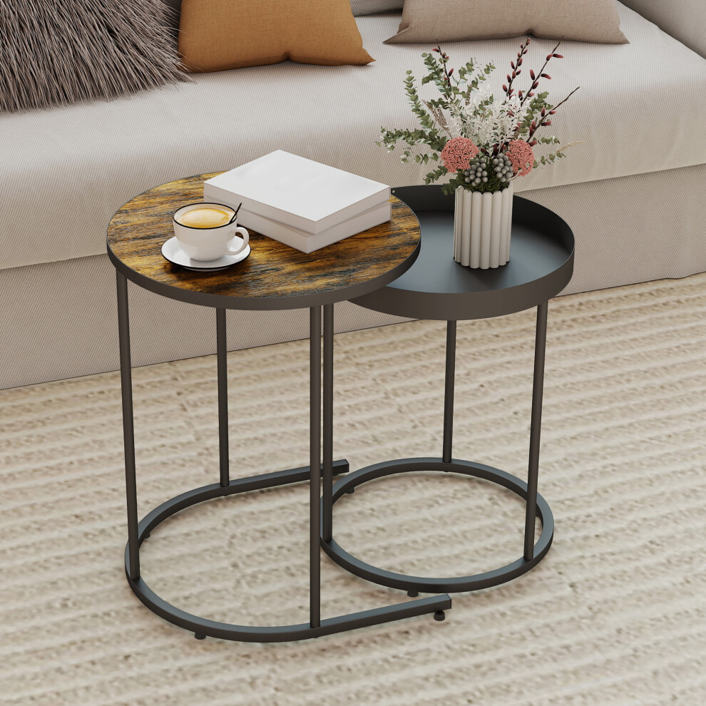 Homcom (Brown) Nesting Side Table Set Of 2, Industrial Round Nest Of Tables Brown