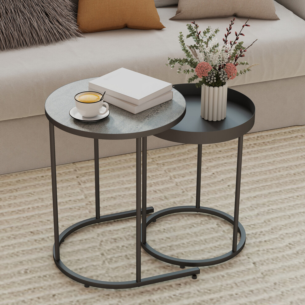 Homcom (Grey) Nesting Side Table Set Of 2, Industrial Round Nest Of Tables Grey