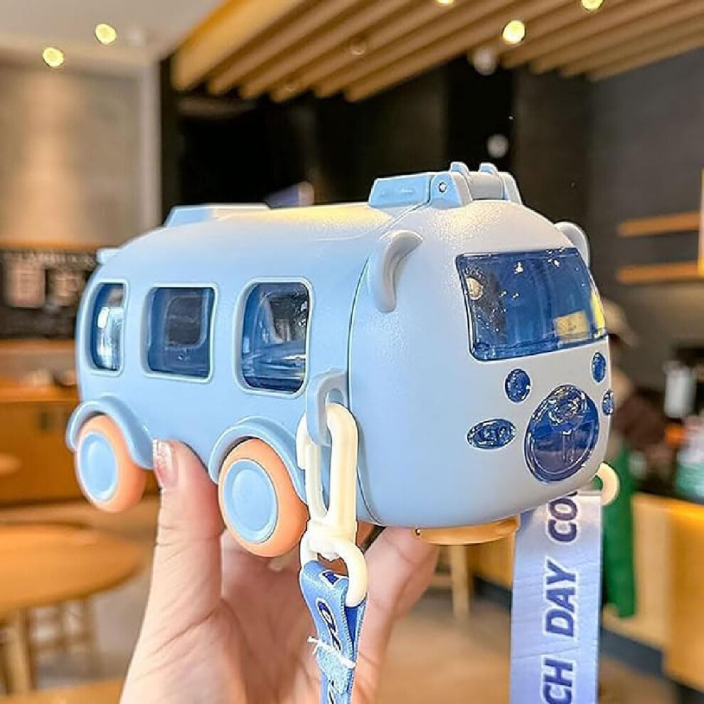 Portable Water Cup in Bus Shape 16.9 Oz with Strap, Cute Leak-Proof Blue Bus Water Bottle for Kids with Straw