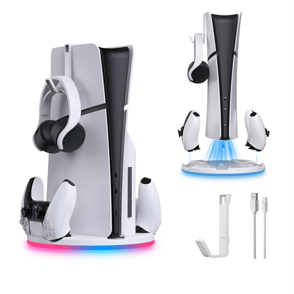 Vertical Stand For Ps5 Slim Console With Charging Station, Gamepad Charger For Ps5 Slim Digital/Disc Edition, Ambient Ring Light 6482260208374