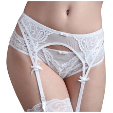 Women Sheer Lace Embroidery Panties Garter Belt Set with Stockings, Satin Lingerie in D-White, Size Large