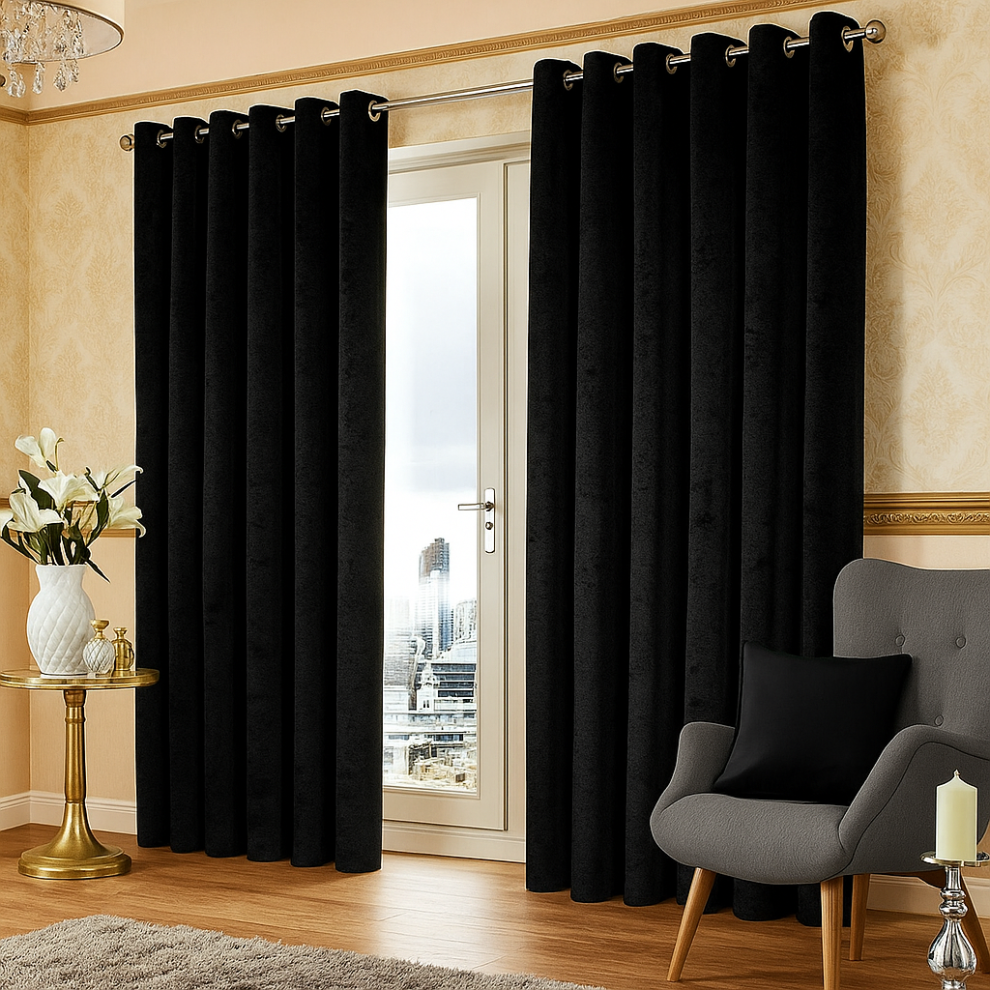 (Black, 66 x 54 in (5.5ft x 4.5ft)) Crushed Velvet Eyelet Curtains - Readymade Lined Drapes for Bedroom & Living Room-image-OPC-PK6M59M-NEW