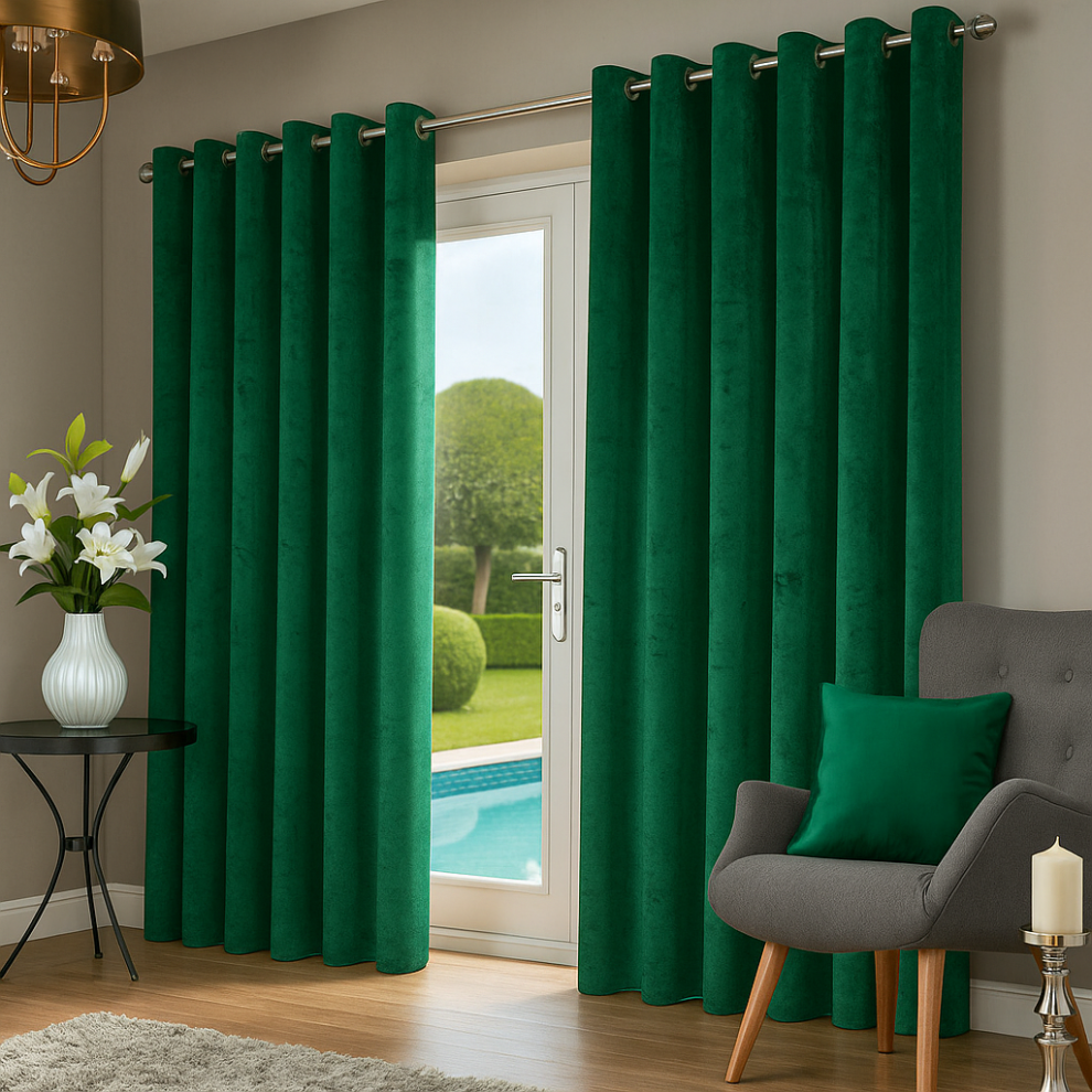 Bedlooms (Emerald, 66 X 90 In (5.5Ft X 7.5Ft)) Crushed Velvet Eyelet Curtains - Readymade Lined Drapes For Bedroom & Living Room Green