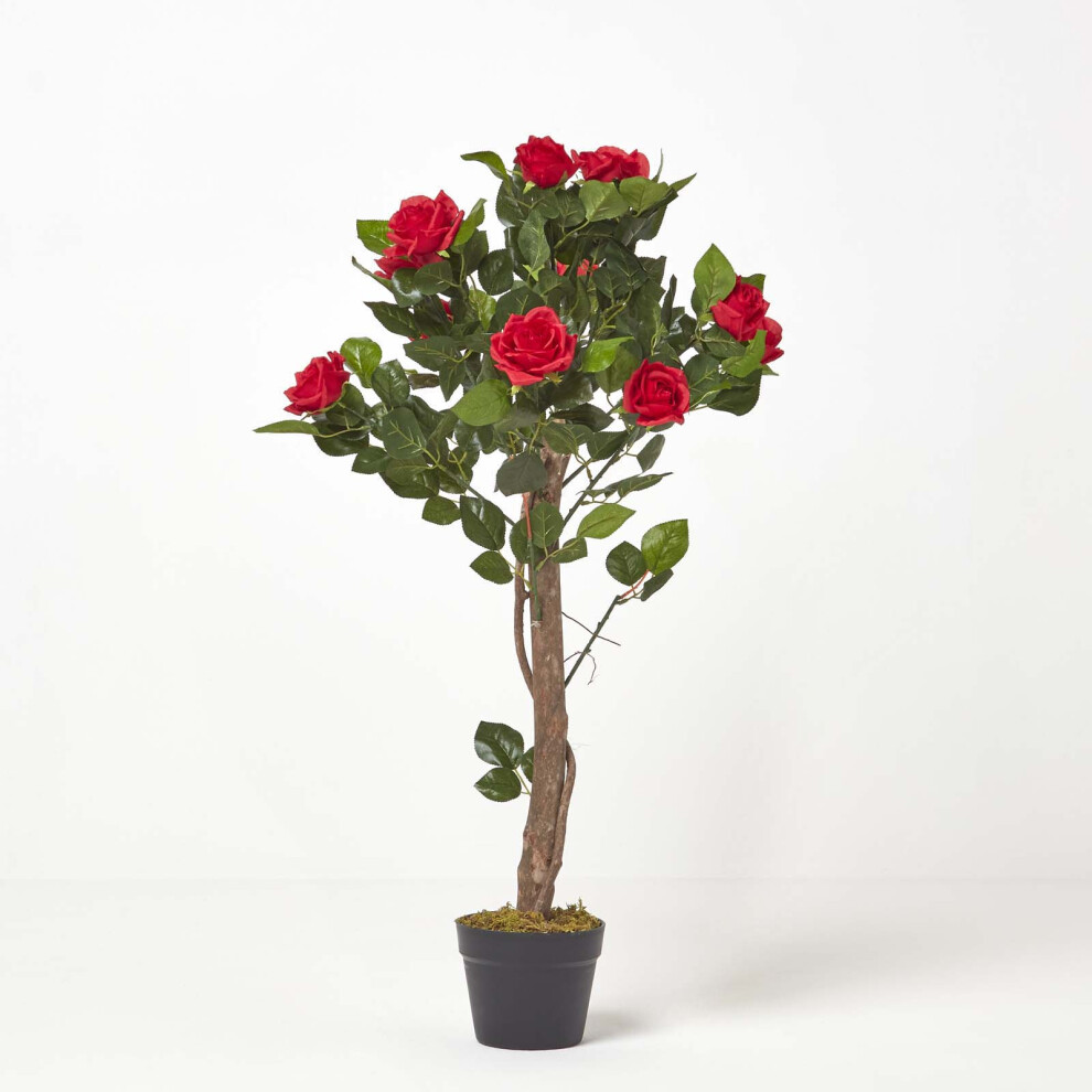 Homescapes () Potted Rose Tree Artificial Plant With Lifelike Leaves And Single Trunk, 90 Cm Red/Green