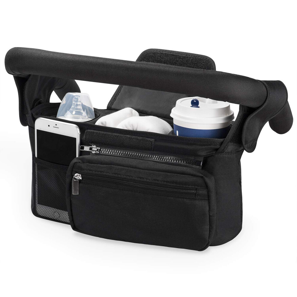 Pushchair Organiser With Insulated Cup Holder, Universal Pram Bag In Large Storage Space For Nappies And Phones Black