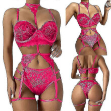 (S, Rose Red) Women Sexy Lingerie Strappy Lace Garter Lingerie Sets