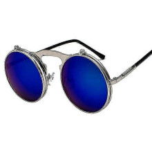 (Silver Frame Blue Lenses) Men Women Retro Flip Up Circle Steampunk Sunglasses Goggles Circle Sunglasses Vintage Eyewear e