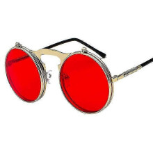 (Gold Frame Red Lenses) Men Women Retro Flip Up Circle Steampunk Sunglasses Goggles Circle Sunglasses Vintage Eyewear e