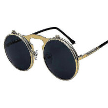 (Gold Frame Black Gray Lenses) Men Women Retro Flip Up Circle Steampunk Sunglasses Goggles Circle Sunglasses Vintage Eyewear e