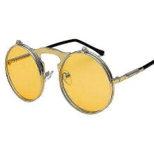 (Gold Frame Yellow Lenses) Men Women Retro Flip Up Circle Steampunk Sunglasses Goggles Circle Sunglasses Vintage Eyewear e