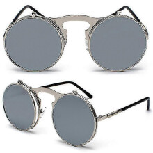 (Silver Frame White Lenses) Men Women Retro Flip Up Circle Steampunk Sunglasses Goggles Circle Sunglasses Vintage Eyewear e