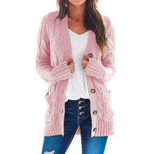 (S, Pink) Women's Long Sleeve Cable Knit Cardigan With Pocket Casual Coat Solid Color