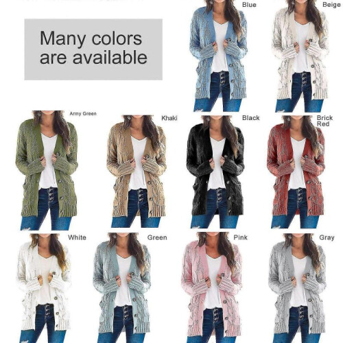 (M,Pink)Women's Long Sleeve Cable Knit Cardigan With Pocket Casual Coat Solid Color 1