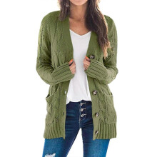 (M, Army Green) Women's Long Sleeve Cable Knit Cardigan With Pocket Casual Coat Solid Color