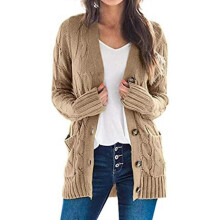 (XL, Khaki) Women's Long Sleeve Cable Knit Cardigan With Pocket Casual Coat Solid Color