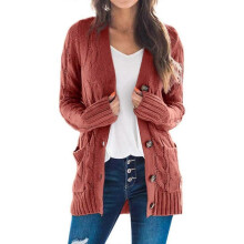 (3XL, Brick Red) Women's Long Sleeve Cable Knit Cardigan With Pocket Casual Coat Solid Color