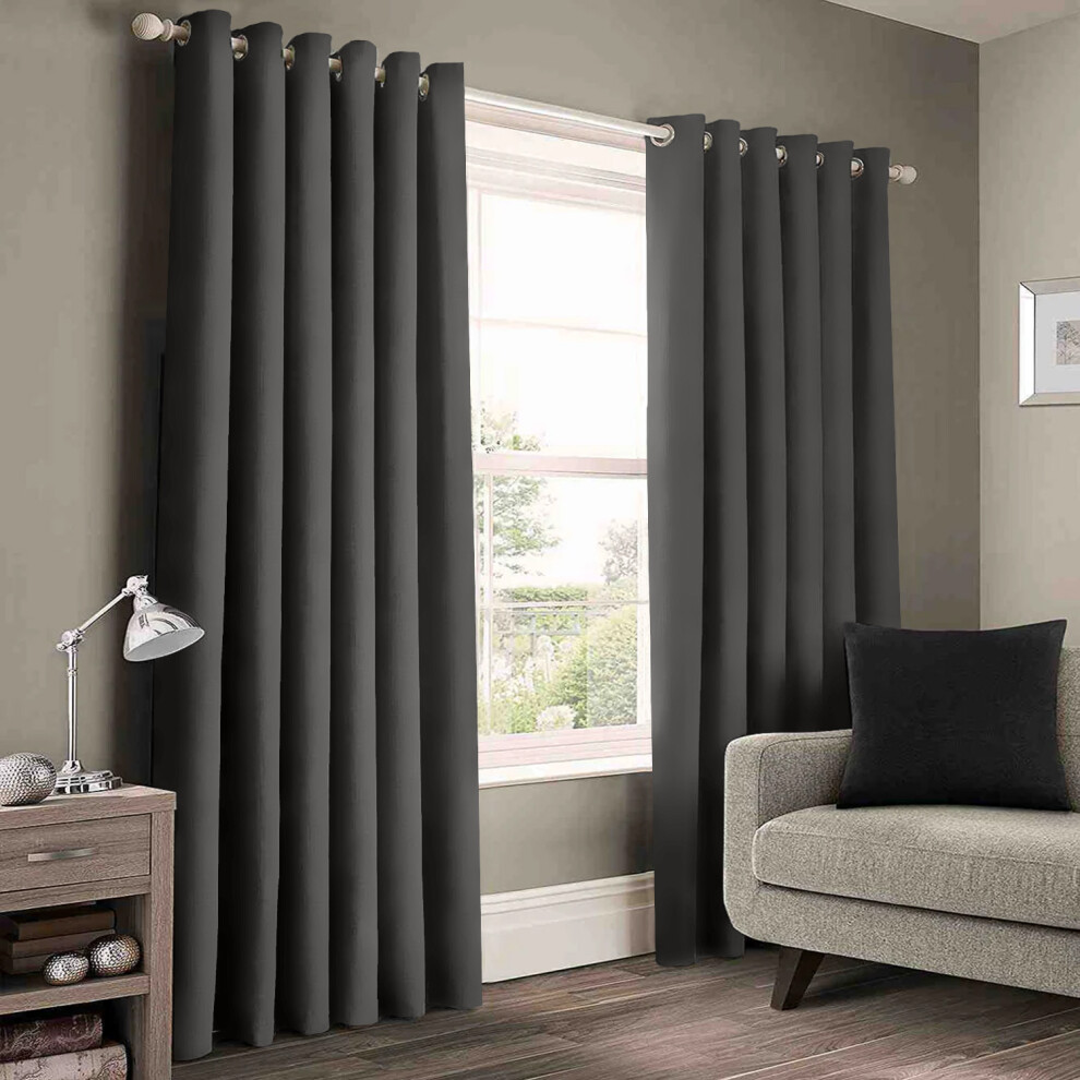 Bedlooms (Dark 90 X 90 In (7.5Ft X 7.5Ft) – Pair) Plain Blackout Curtain Eyelet Ring Top - Ready Made Thermal Drapes For Bedroom & Living Room Grey