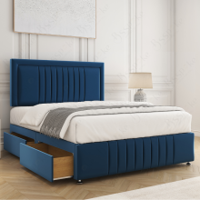 (Blue, 3ft Single (with Mattress)) Lily Divan Bed Base with 2-Storage Drawers, 26" Headboard Velvet Upholstered Platform Bed with Mattress Option