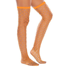 Glittering Rhinestone Hot Drilling Hollow Large Mesh Knee-High Hold-Up Stockings Camouflage One Size Orange