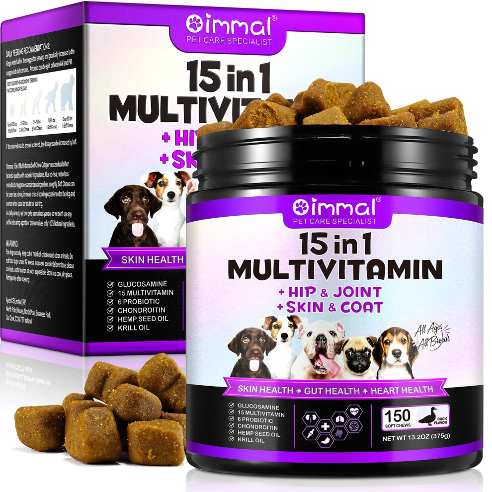 Oimmal Dog Multivitamin Chews, Daily Supplement For Skin, Gut, Heart & Immunity Support, Probiotic Soft Treats For Dogs, Duck Flavour