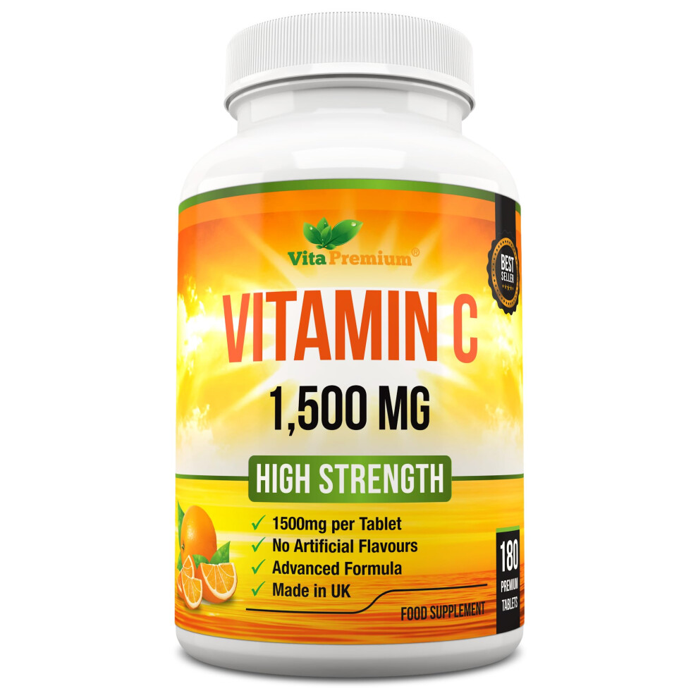 Vita Premium Vitamin C 1500Mg Per Tablet, High Strength 180 Vegan Tablets, Food...