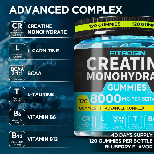 120 Creatine Monohydrate Gummies Complex 8000mg L-Carnitine & Tauri... 2