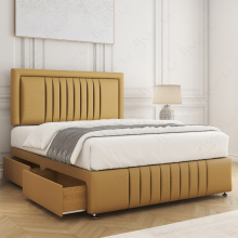 (Mustard, 3ft Single (No Mattress)) Lily Divan Bed Base with 2-Storage Drawers, 26" Headboard Velvet Upholstered Platform Bed with Mattress Option