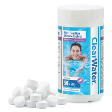 Clearwater 1 kg Multifunction Chlorine Tablets 4in1 Dispenser Tablets Sanitiser Stabiliser Algaecide and Clarifier for Pools and Hot Tubs 50 x 20 g W