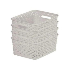 Curver My Style Rattan Effect Set of 4 Kitchen Living room Bathroom Bedroom Utility Small Rectangular Storage Baskets 4 Litres Light Grey – This