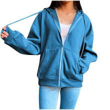 Long Sleeve Zip Sweatshirt for Women - Lightweight Hooded Pullover UK - Summer Casual Zip-Up Jacket in Blue Size M