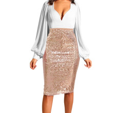 2024 Women's High Waist Sequin Skirt, Casual Slim Fit, Khaki, Half Length, Size XL for Teenagers
