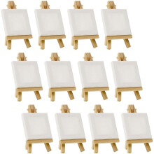 12 Sets Mini Canvas and Easel for Painting, Crafting, Drawing, 7.6 x 7.6 cm Canvas Size, 12.7 cm Easel Height