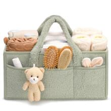 Plush Changing Table Diaper Bag Organizer Portable Newborn Baby Essentials with Removable Compartments in Light Green
