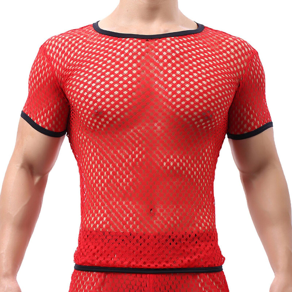 Red Mesh Shirt Men's Fishnet Transparent Muscle T-Shirt Crew Neck Short Sleeve Sexy Clubwear Top Size Xl Color