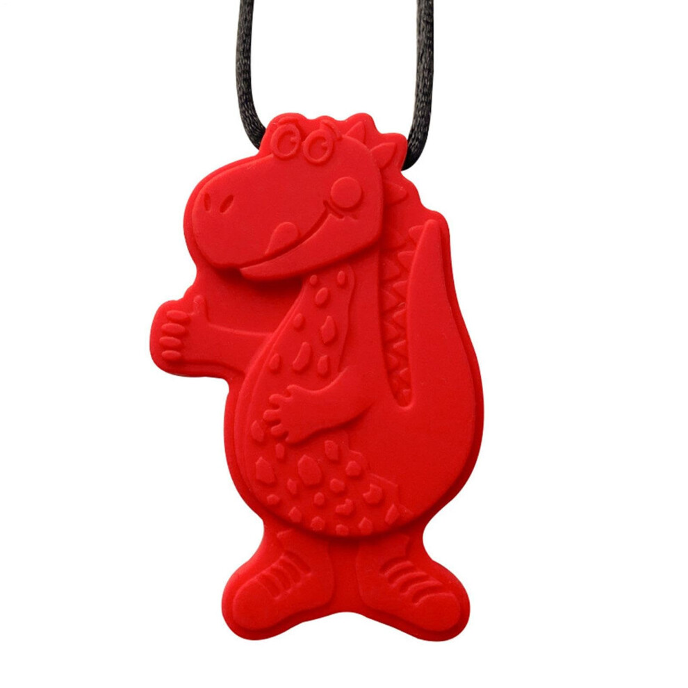 Sensory Necklace - Chewable Silicone Dinosaur Teether For Children | Portable Oral Motor Chew Toy | Tough Biting Necklace Red