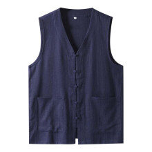 Linen Vest Men's Oversized Summer V-Neck Sleeveless Tank Top Breathable Vintage Chinese Tang Style L Blue