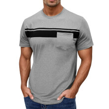 Muscle Fit T-Shirt Men Y2K Running Shirt Streetwear Fitness Top Color Block Striped With Pocket Short Sleeve Gray M