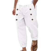 Freizeithose Herren Lang Einfarbig Leinenhose Sommer Casual Strandhose Baumwolle Lässig Jogginghose mit Taschen XL Weiß