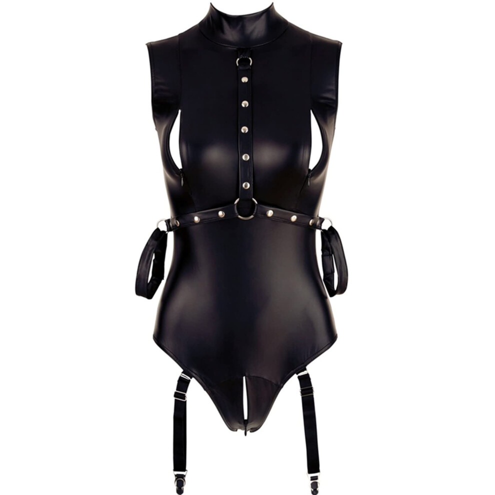 Black Wetlook Women's Leather Bodysuit Lingerie Xl, Latex Hollowed Catsuit, Sexy Erotic Negligee Outfit