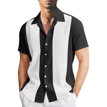 Bowling Shirt Men's Short Sleeve Vintage Retro Casual Top Striped Colour Block Turn-Down Collar XL Weiß