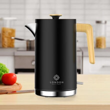 London Boutique Electric Kettle, Black Cordless Fast Boil Electric Kettle With Wood Effect Anti-scale Filter, Uk Strix Controller,3kw
