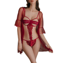 Underwear for Valentine's Day Lingerie Set, Women's Wine Red Sexy Lace Bra Briefs with Suspender and Leg Bands, Size Unit